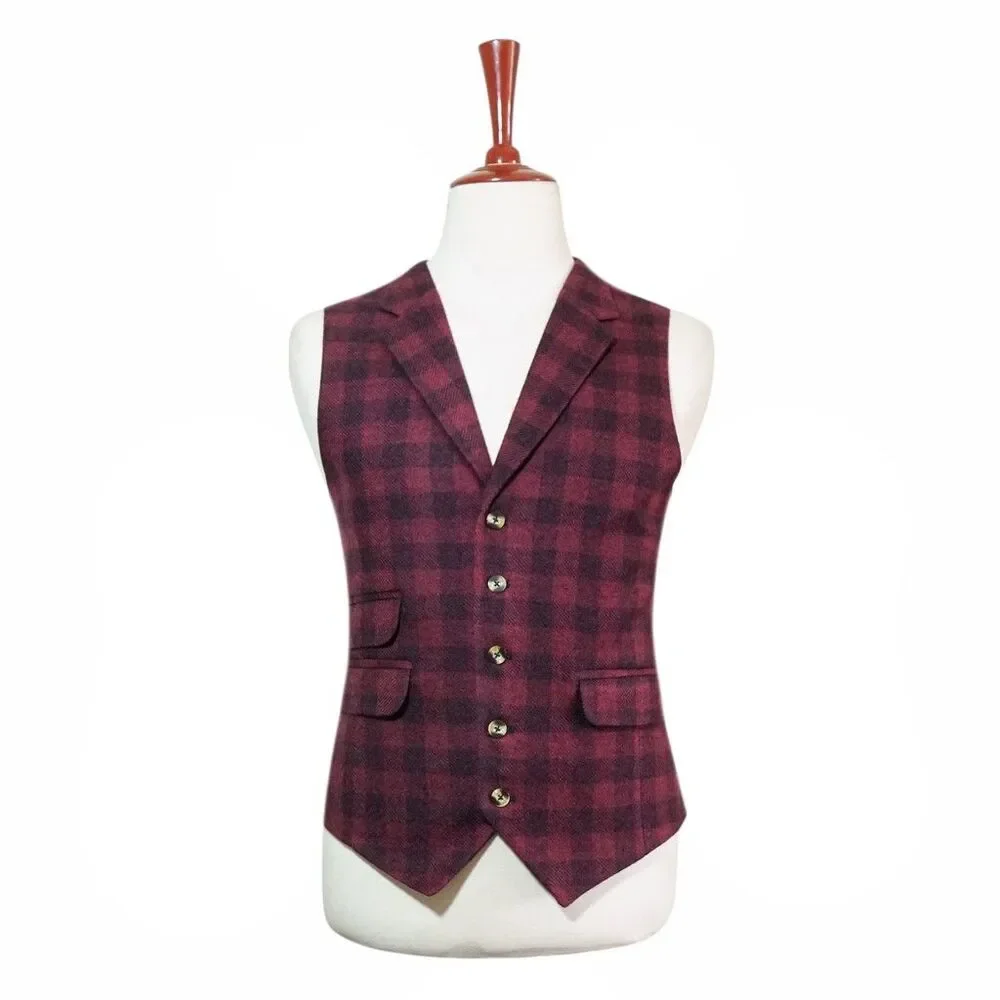 Mens 46R Wool Vest Burgundy Black Plaid Check Waistcoat Formal Wedding Party